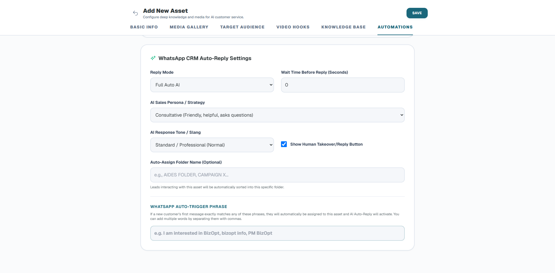 WAS Assist WhatsApp Auto Reply Settings